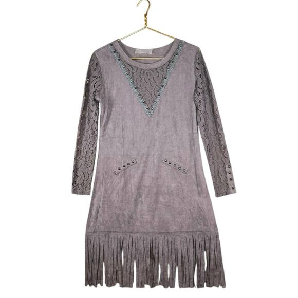Pretty Angel Gray Linen Cotton Blend Fringe Western Boho Tunic Dress | M/L - Picture 10 of 11